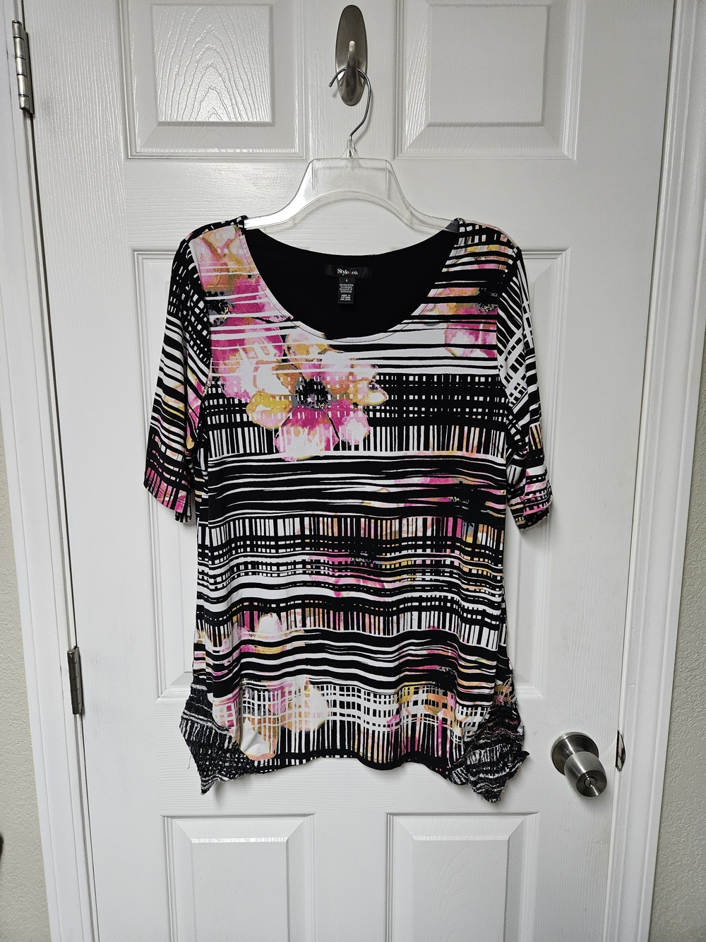 Style & Co. Black Striped Floral Short-Sleeve Women's Top